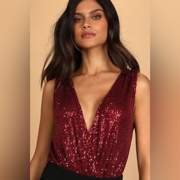 Evening of Wonder Burgundy Sequin Cowl Back Bodysuit - Picture 2 of 3